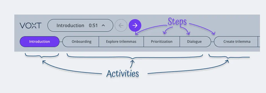 Activities and steps in a VOXT session